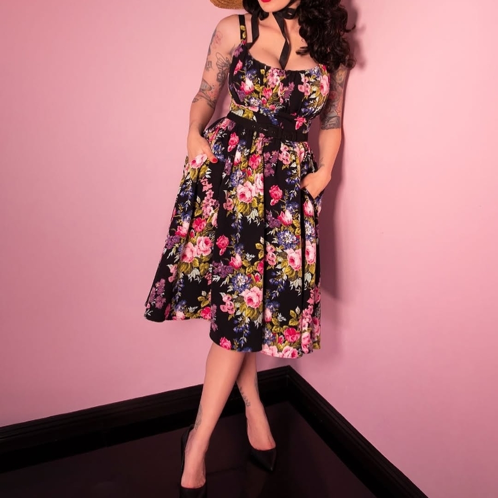 Vixen by Micheline Pitt Black Floral Midi Dress with Pink & Green Bouquet - Picture 3 of 3